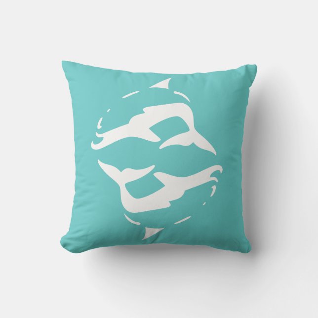 white DOLPHINS  on teal blue pillow (Front)