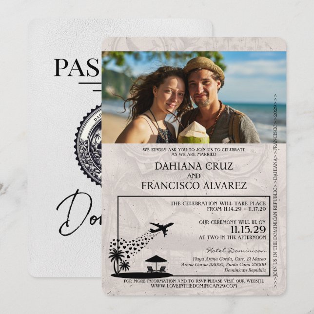 White Dominican Republic Passport Wedding Invitation (Front/Back)
