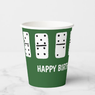 White Dominoes with Black Dots on Green Paper Cups