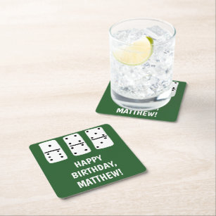 White Dominoes with Black Dots on Green Square Paper Coaster