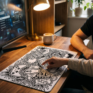 White Doodle Art Gaming Icons Mouse Mat