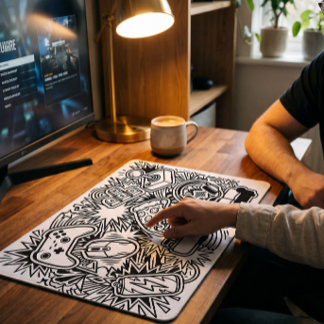 White Doodle Gaming Icons Mouse Mat