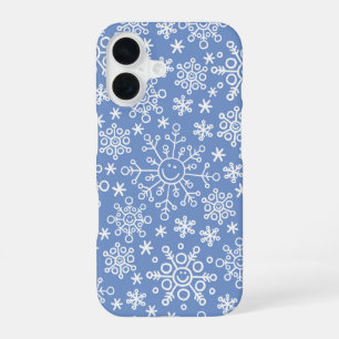 White Doodle Snowflakes & Blue Background iPhone 16 Case