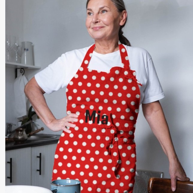 White dot red background with name classic apron (Creator Uploaded)