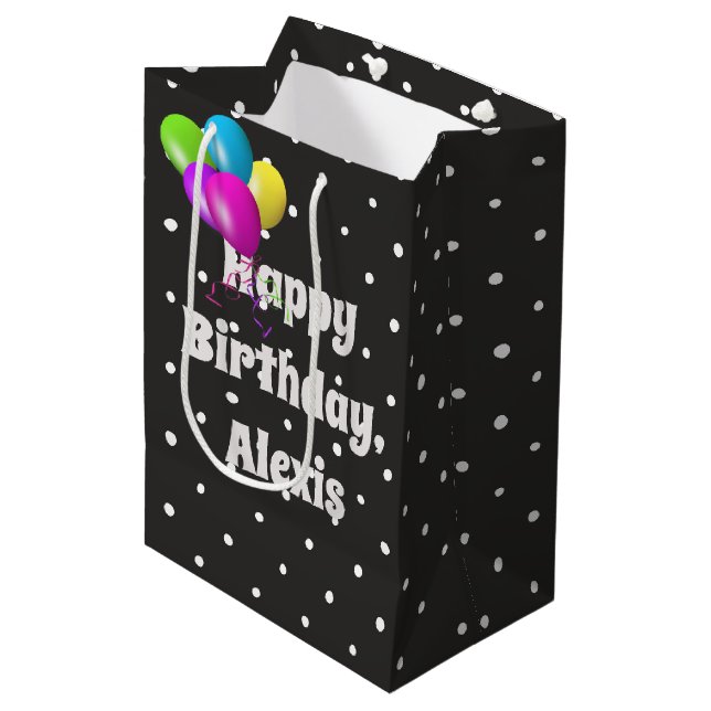 White dots on black balloon birthday medium gift bag (Front Angled)