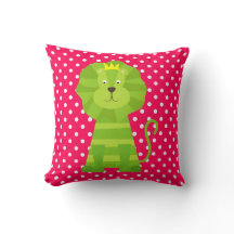 White Dots on Deep Pink With Green Lion Pillow
