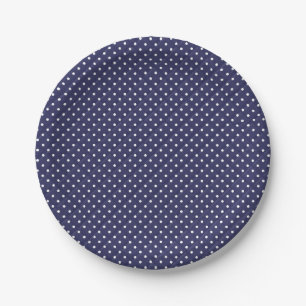 White dots on navy blue paper plate