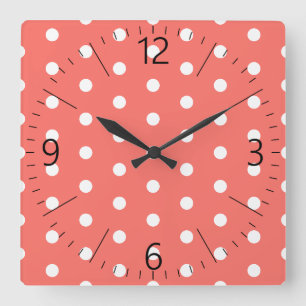 White dots pattern on live coral square wall clock