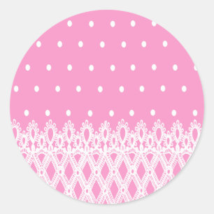 White dots soft pink background white lace pattern classic round sticker