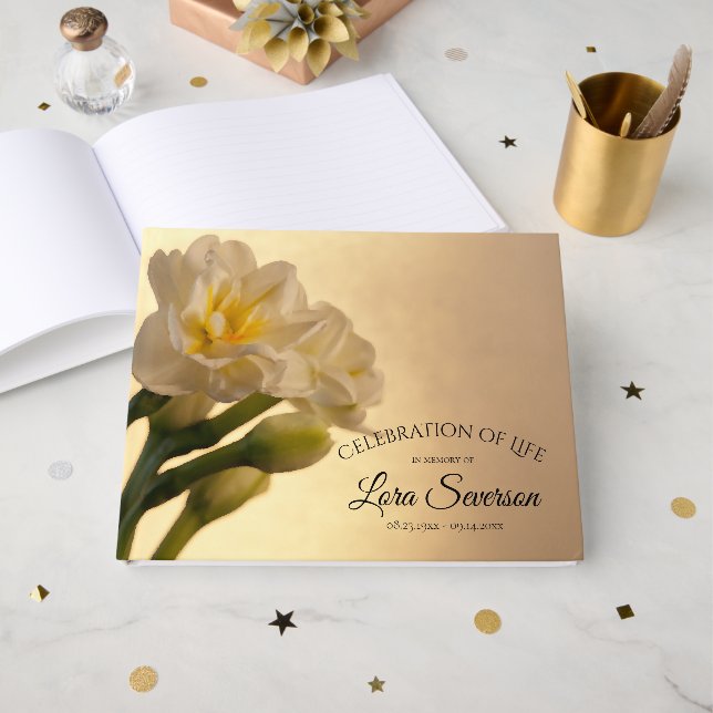 White Double Daffodil Celebration of Life Memorial Guest Book (Front Open)