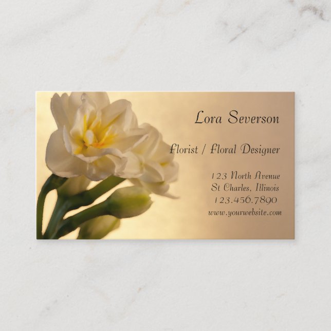 White Double Daffodils Flowers Florist Business Card (Front)