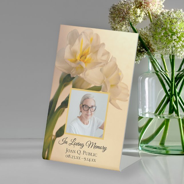 White Double Daffodils Funeral Memorial  Pedestal Sign (Creator Uploaded)