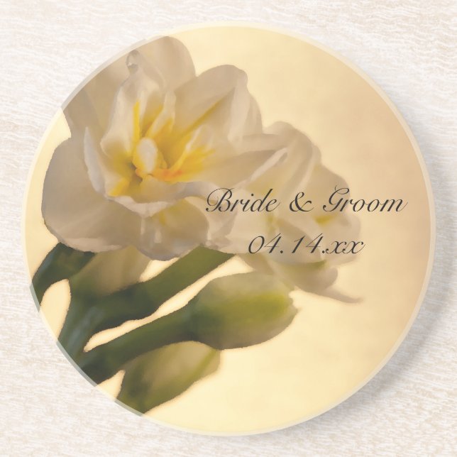 White Double Daffodils Spring Wedding Coaster (Front)