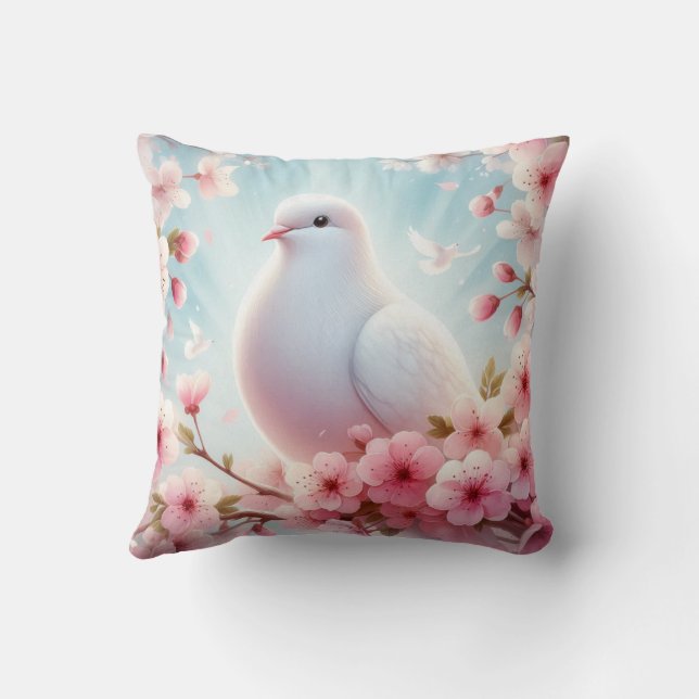 White Dove Among Pink Blossoms Cushion (Back)