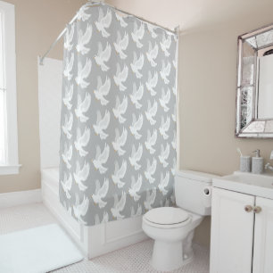 White dove bird on grey shower curtain