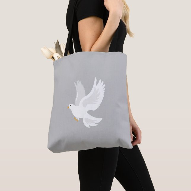 White dove bird on grey tote bag (Close Up)
