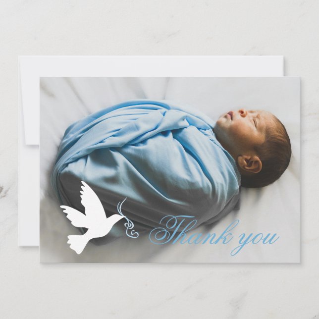 White dove blue boys baptism photo thank you card (Front)