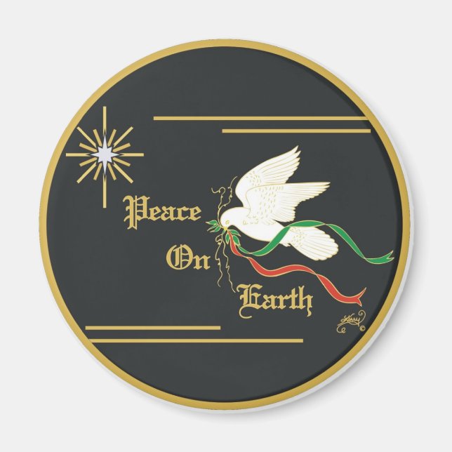 White Dove Carrying Olive Branch With Ribbons Magnet (Front)