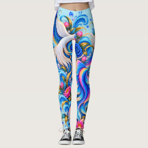 White Dove Fantasy Leggings Celestial Floral Art