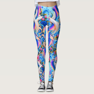 White Dove Fantasy Leggings Celestial Floral Art