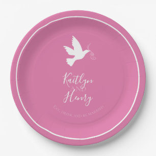 White dove flying bird pink ribbons wedding paper plate