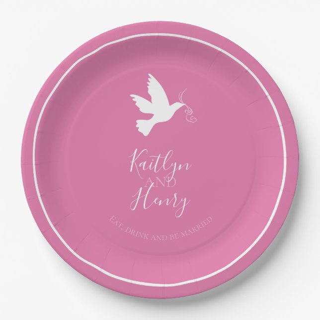 White dove flying bird pink ribbons wedding paper plate (Front)