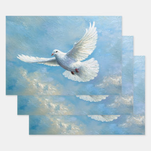 White Dove Flying Blue Background Wrapping Paper Sheet