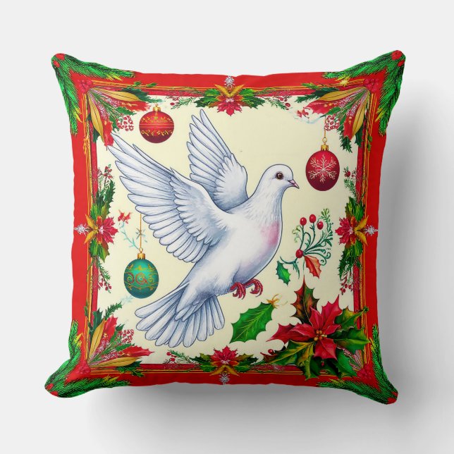White Dove In Festive Red Frame Cushion (Front)