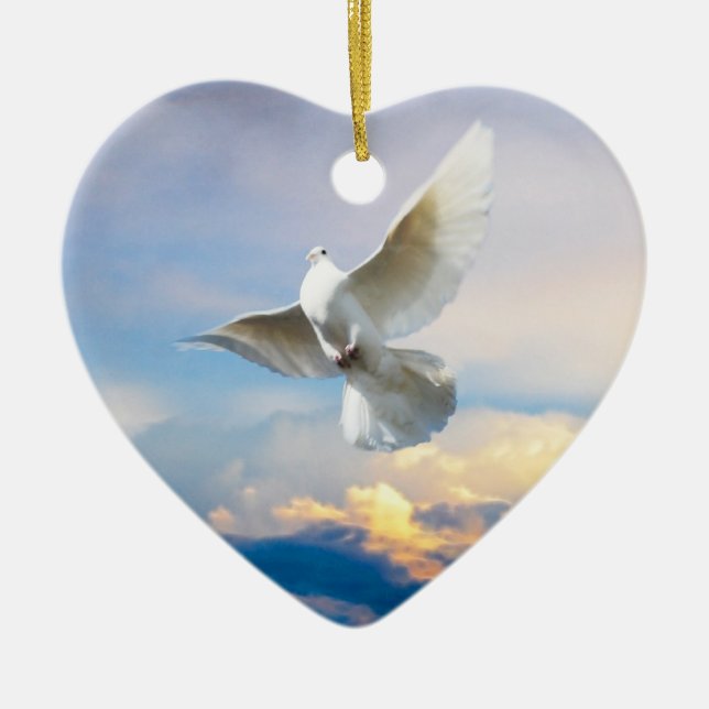 White dove in flight ceramic tree decoration (Front)