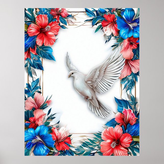 White Dove in Ornate Blue Frame Poster (Front)