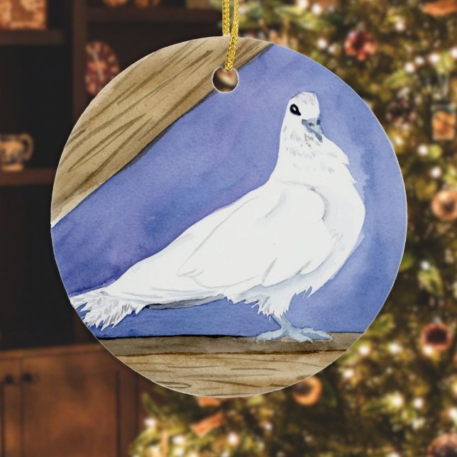 White Dove in the Rafters (Friendly Beasts Series) Ceramic Tree Decoration (Dove Friendly Beasts ornament hanging in front of a Christmas tree in a living room)