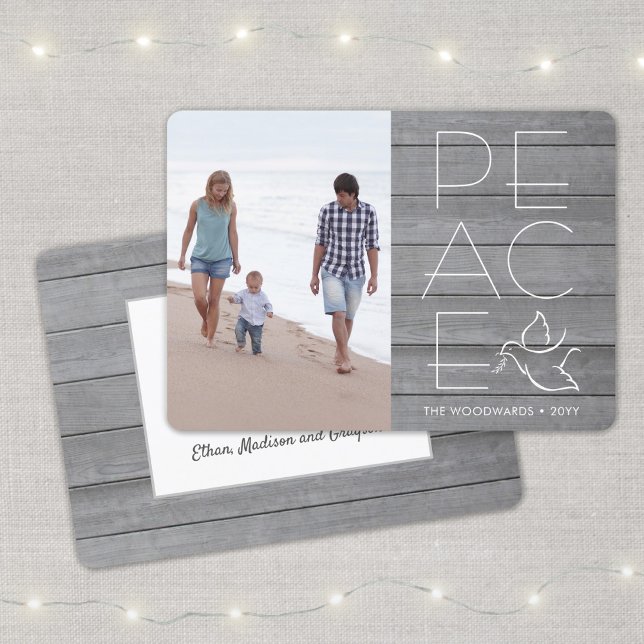 White Dove Modern Unique Peace 1 Photo Grey Wood Holiday Card (Creator Uploaded)