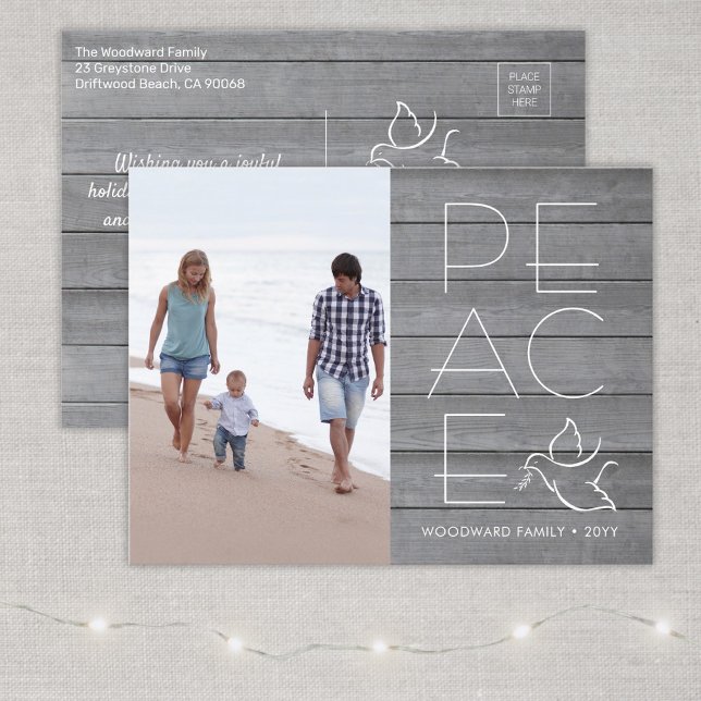 White Dove Modern Unique Peace 1 Photo Grey Wood Holiday Postcard (Creator Uploaded)