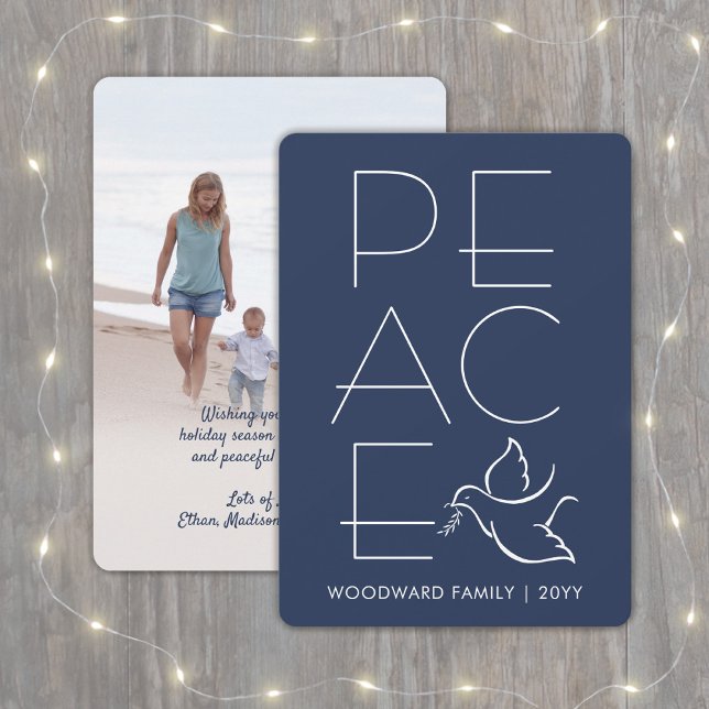 White Dove Modern Unique Peace 1 Photo Navy Blue Holiday Card (Creator Uploaded)