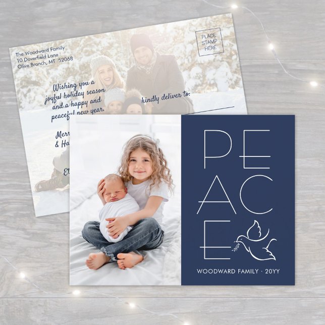 White Dove Modern Unique Peace 2 Photo Navy Blue Holiday Postcard (Creator Uploaded)
