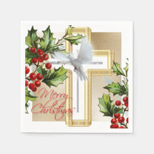 White dove of peace holiday mistletoe gold print napkin