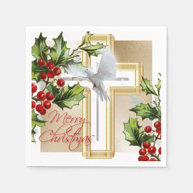 White dove of peace holiday mistletoe gold print napkin (Front)