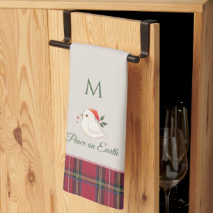 White Dove of Xmas Peace Custom Monogram Christmas Tea Towel