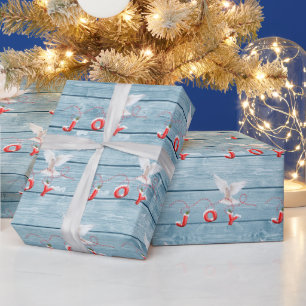 White Dove On Blue Barn Wood Wrapping Paper