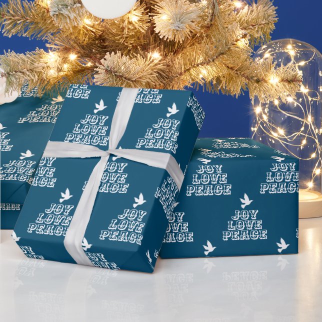 White dove on dark blue joy love peace Christmas Wrapping Paper (Holidays)