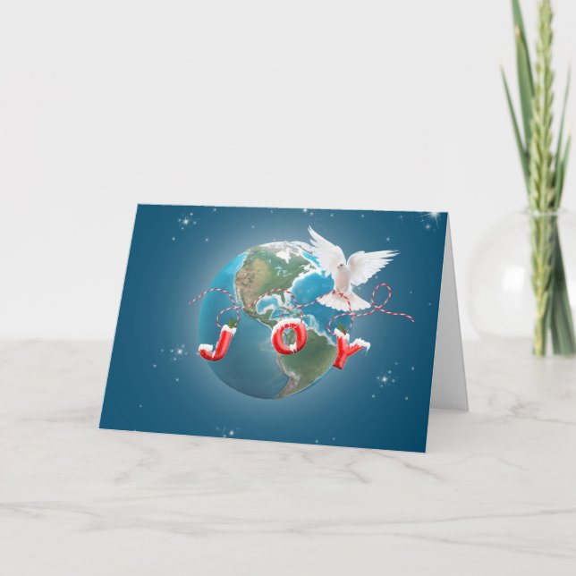 White Dove On Earth Planet With Joy Ornament Holiday Card (Front)