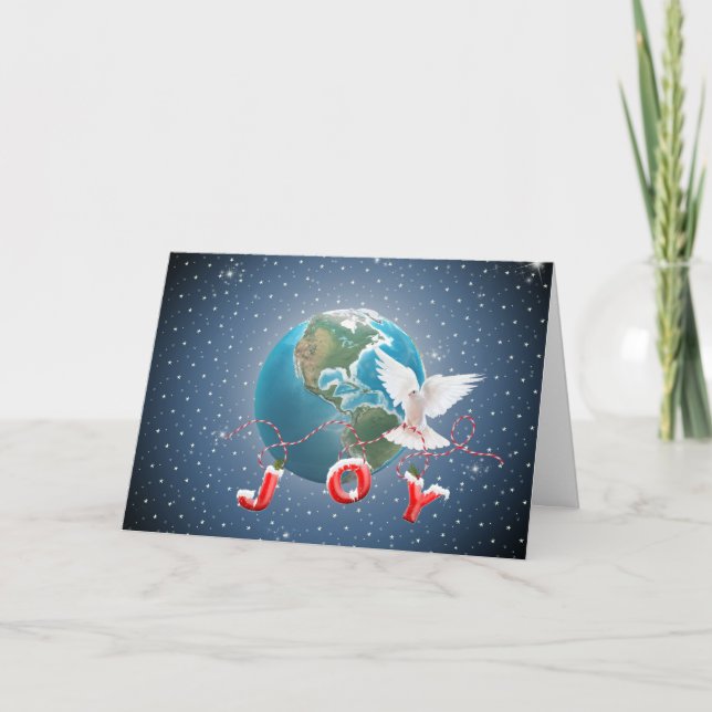 White Dove On Earth Planet With Joy Text Holiday Card (Front)