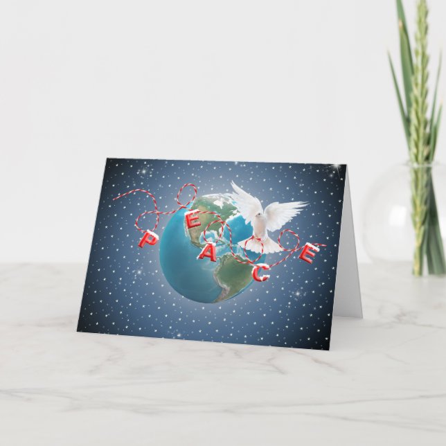 White Dove On Earth Planet With Peace Text Holiday Card (Front)