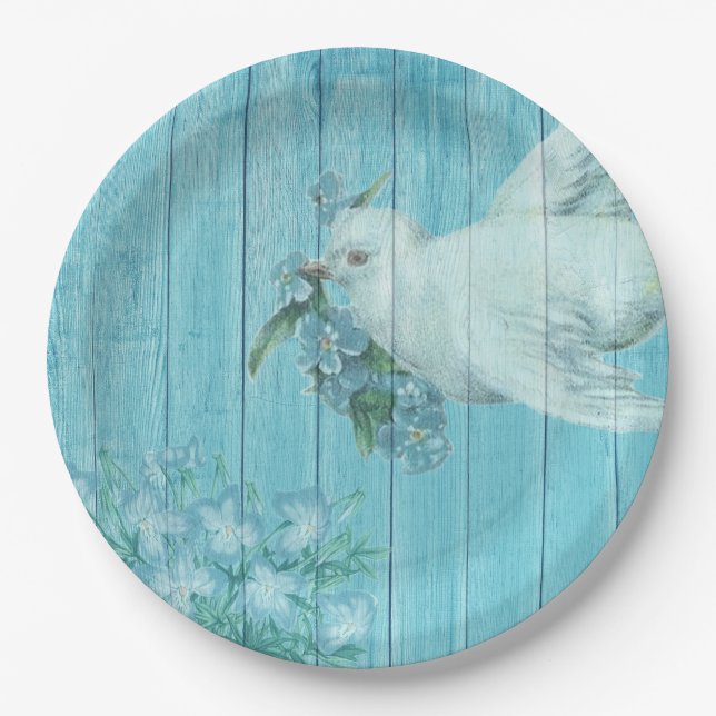 White Dove Painted Wood Disposable Paper Plates (Front)