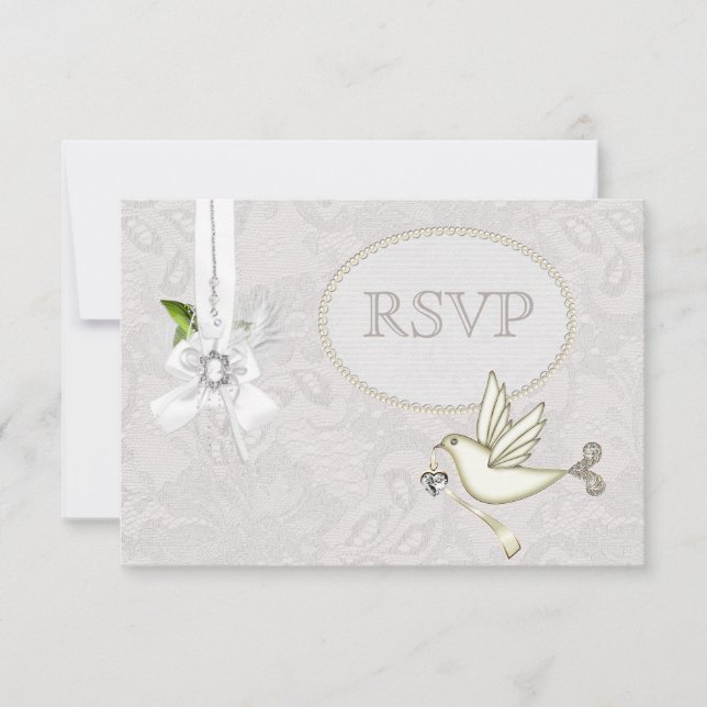 White Dove Paisley Lace & Cameo Bow RSVP Wedding Card (Front)