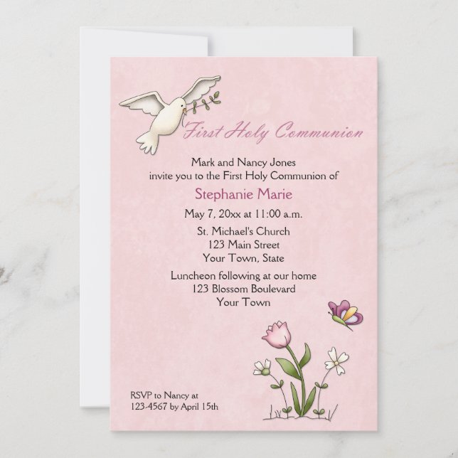 White Dove, Pink Flower Holy Communion Invitation (Front)