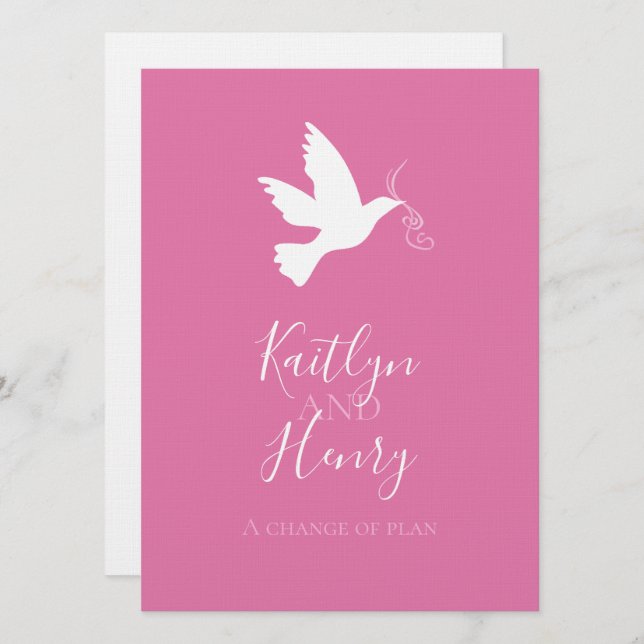 White dove pink ribbons change of wedding plans invitation (Front/Back)