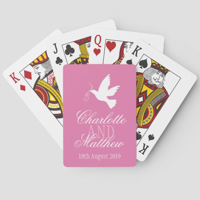 White dove pink ribbons wedding name playing cards (Back)