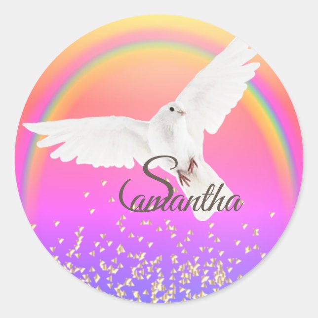 White Dove Rainbow and gold glitter Classic Round Sticker (Front)