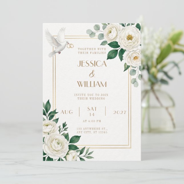 White Dove Ranunculus Wedding Invitation (Standing Front)